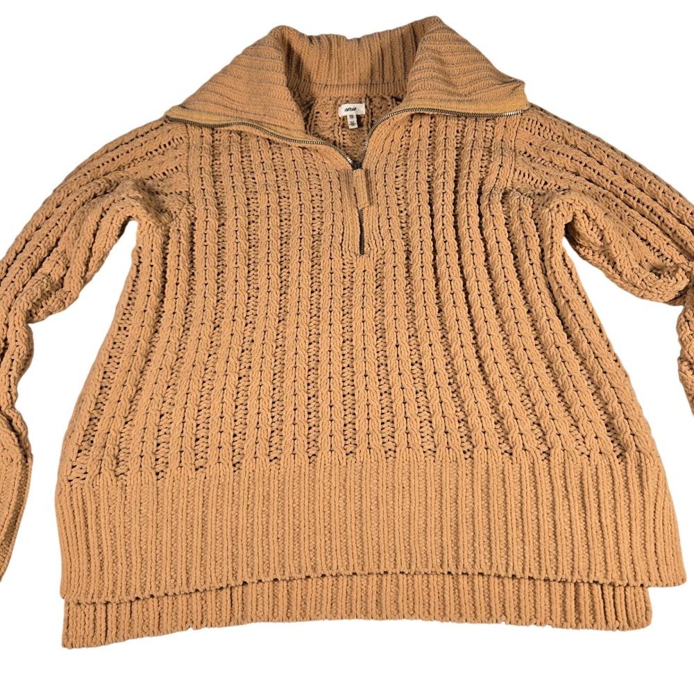 Aerie Womens XXS Chenille Cable Knit Quarter Zip Sweater Camel Tan Chunky Ribbed